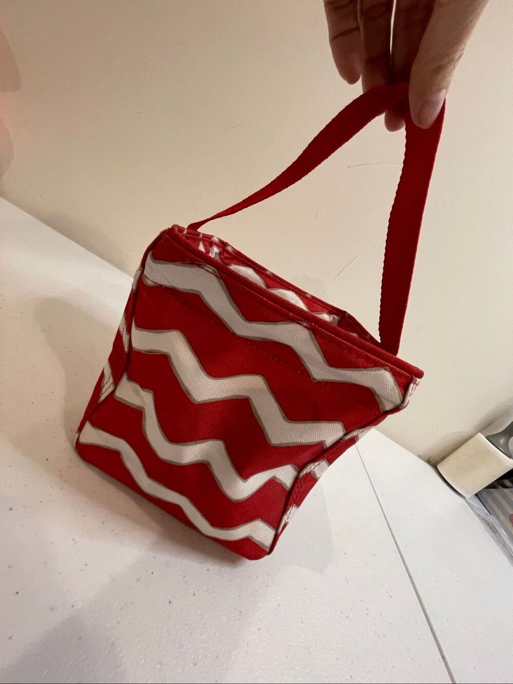 Thirty-One Littles Cube 6” Red White Chevron Dash Retired Organizer Bag Mesh Poc